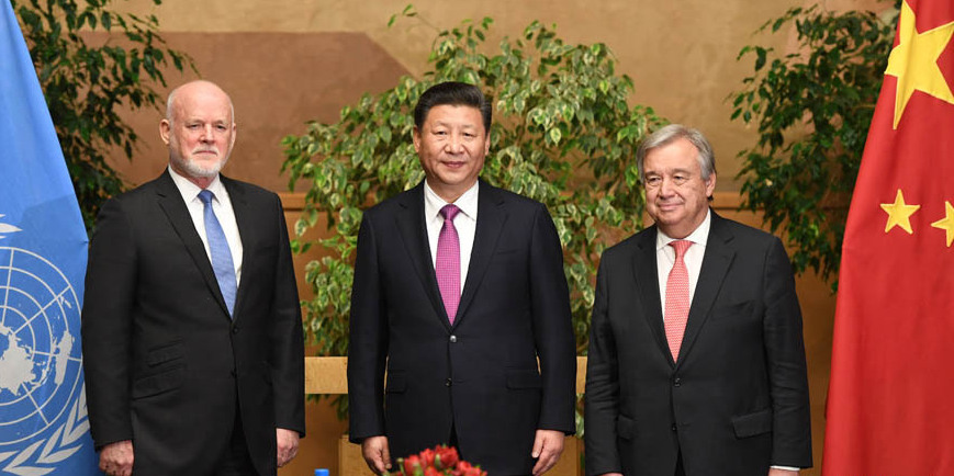國家主席習近平在瑞士日內瓦萬國宮會見第71屆聯合國大會主席湯姆森和聯合國秘書長古特雷斯。